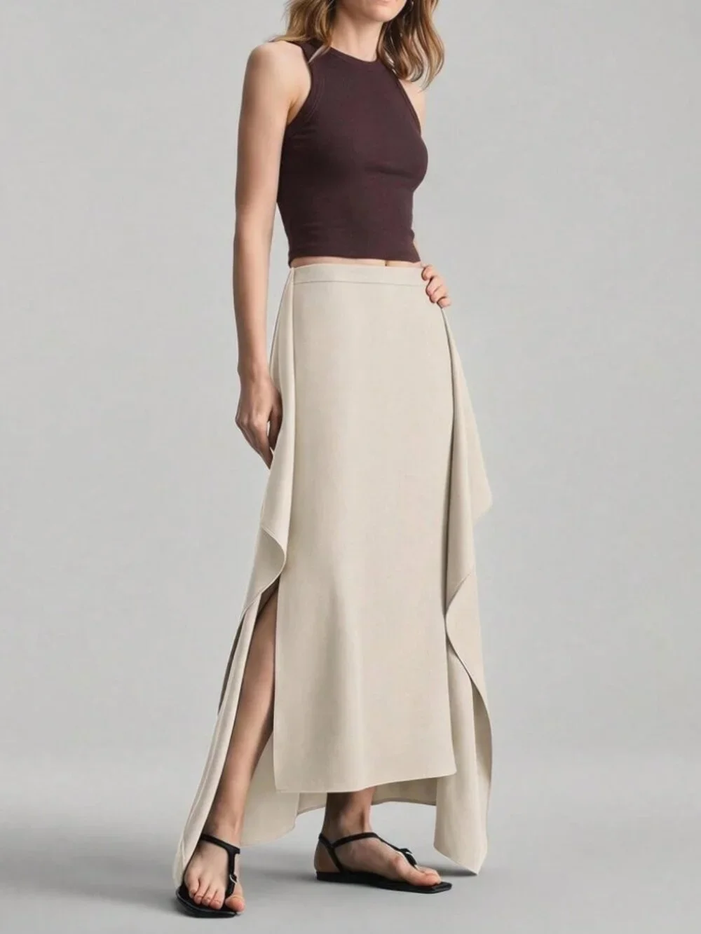 Cream Draped Asymmetric High-Slit Maxi Skirt